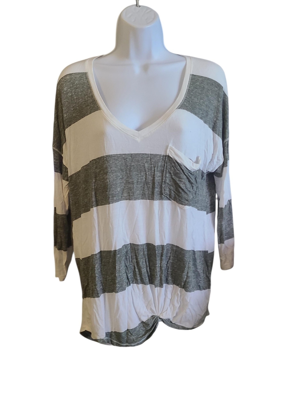 SO Striped V-Neck Pocket Long Sleeve Top - White & Gray